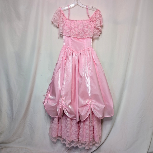 Vintage 70s Pink Iridescent Taffeta & Lace Off Shoulder Ball Gown Fairy Princess - Picture 12 of 14